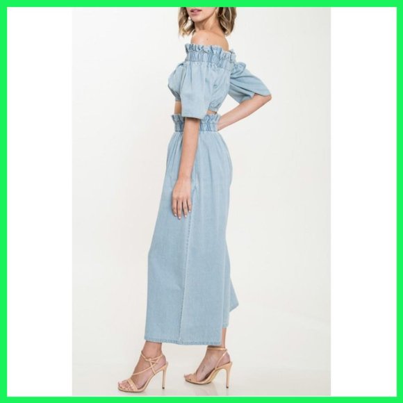 NWT Denim Off Shoulder Crop Top & Culotte Set SML - Picture 3 of 3